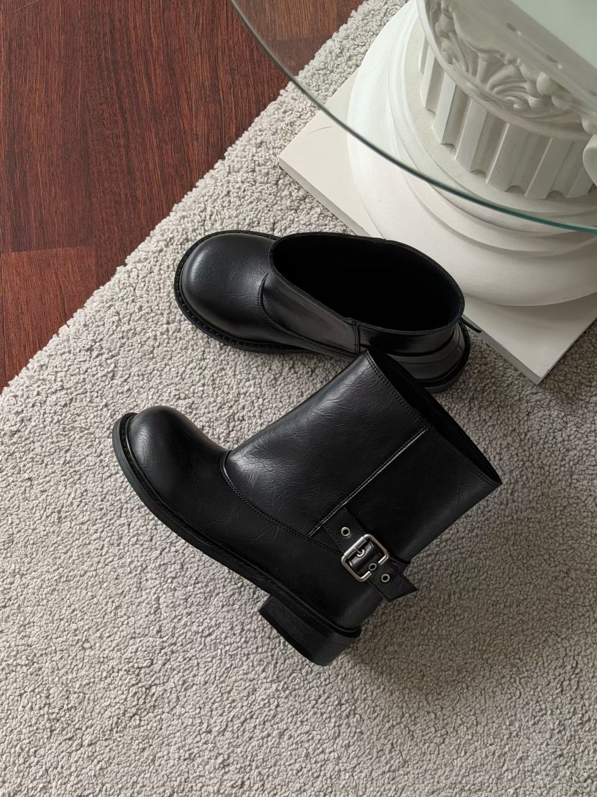 Leather Ankle Engineer Boots with Buckle / 韓系率性金屬皮扣直筒短靴 (Noir Black)
