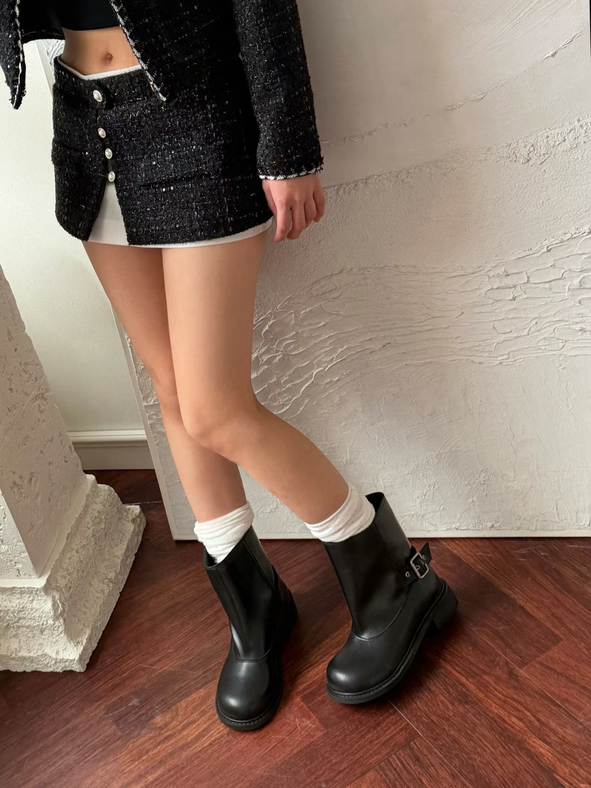 Leather Ankle Engineer Boots with Buckle / 韓系率性金屬皮扣直筒短靴 (Noir Black)