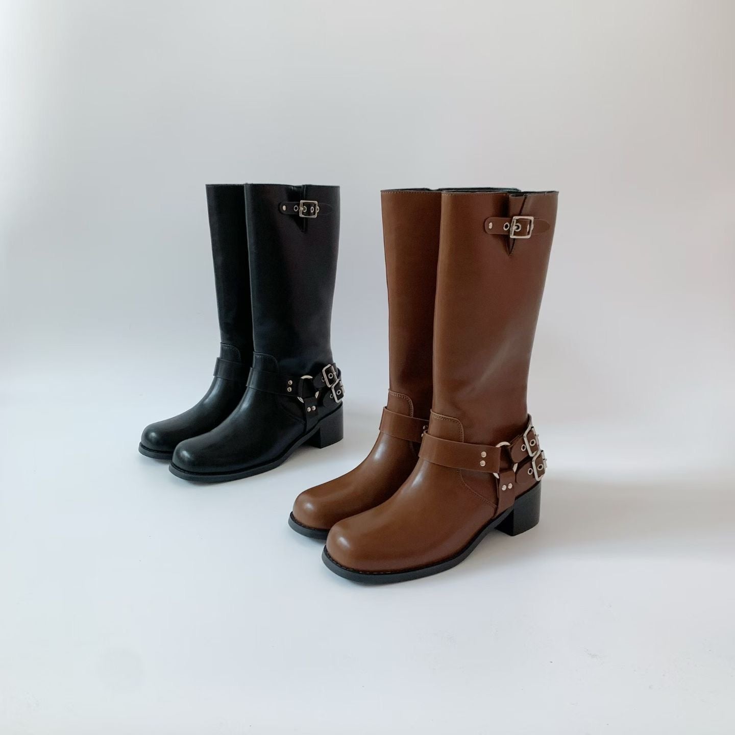 Leather Harness Biker Boots | 復古金屬環扣皮質機車長靴 (Classic Black / Vintage Brown)