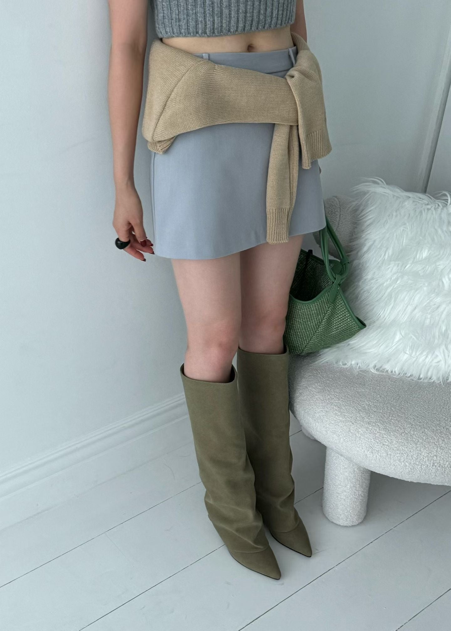 Suede Fold-Over Pointed Toe Boots | 法式麂皮反折尖頭高跟長靴 (Olive Green / Noir Black)