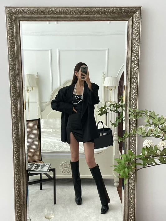Smooth Leather Fold-Over Kitten Heel Boots | 法式平滑皮革反折方頭低跟長靴 (Noir Black)
