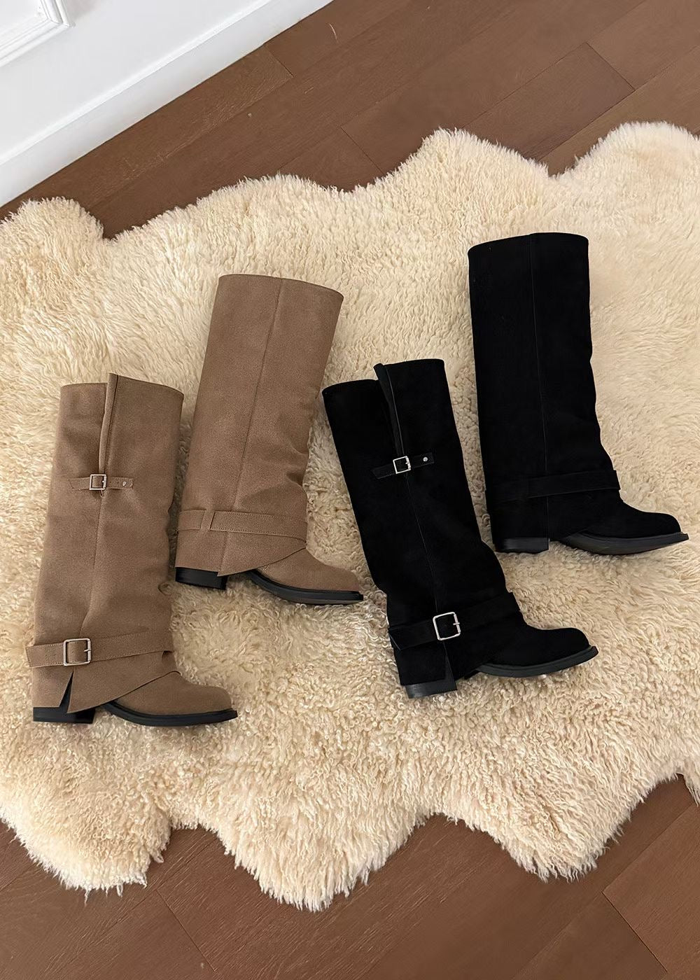 Suede Dual-Buckle Fold-Over Boots | 法式麂皮雙皮扣反折立體長靴 (Taupe Taupe / Noir Black)