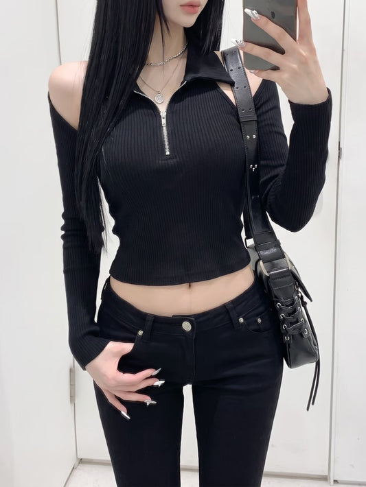 Korean Off-the-Shoulder Zip Collar Ribbed Top / 韓製露肩翻領拉鍊坑條長袖上衣 (Noir Black)