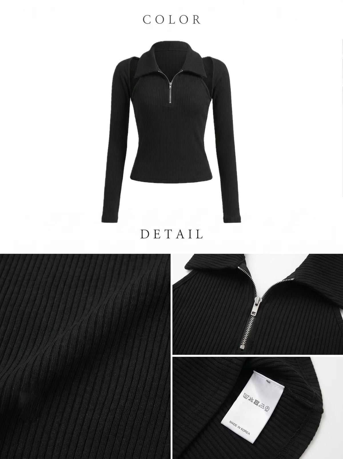 Korean Off-the-Shoulder Zip Collar Ribbed Top / 韓製露肩翻領拉鍊坑條長袖上衣 (Noir Black)