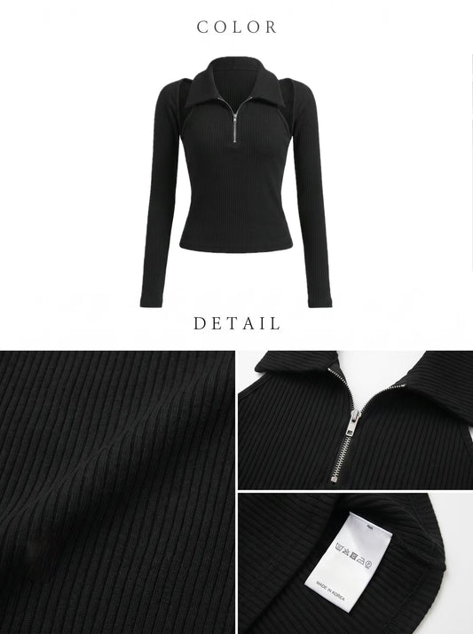 Korean Off-the-Shoulder Zip Collar Ribbed Top / 韓製露肩翻領拉鍊坑條長袖上衣 (Noir Black)